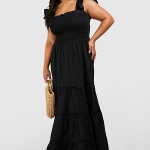 Plus Cotton Frill Sleeve Maxi Smock Dress