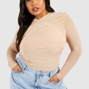 Plus Mesh Cross Neck Bodysuit