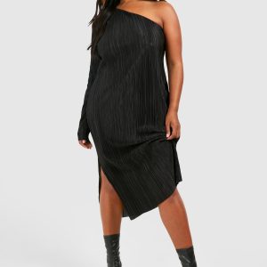 Plus Plisse Off Shoulder Split Midi Dress
