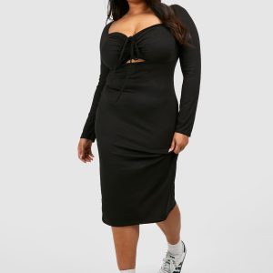 Plus Soft Rib Ruched Tie Neck Dress