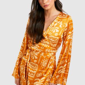 Satin Printed Wrap Tie Shirt Dress