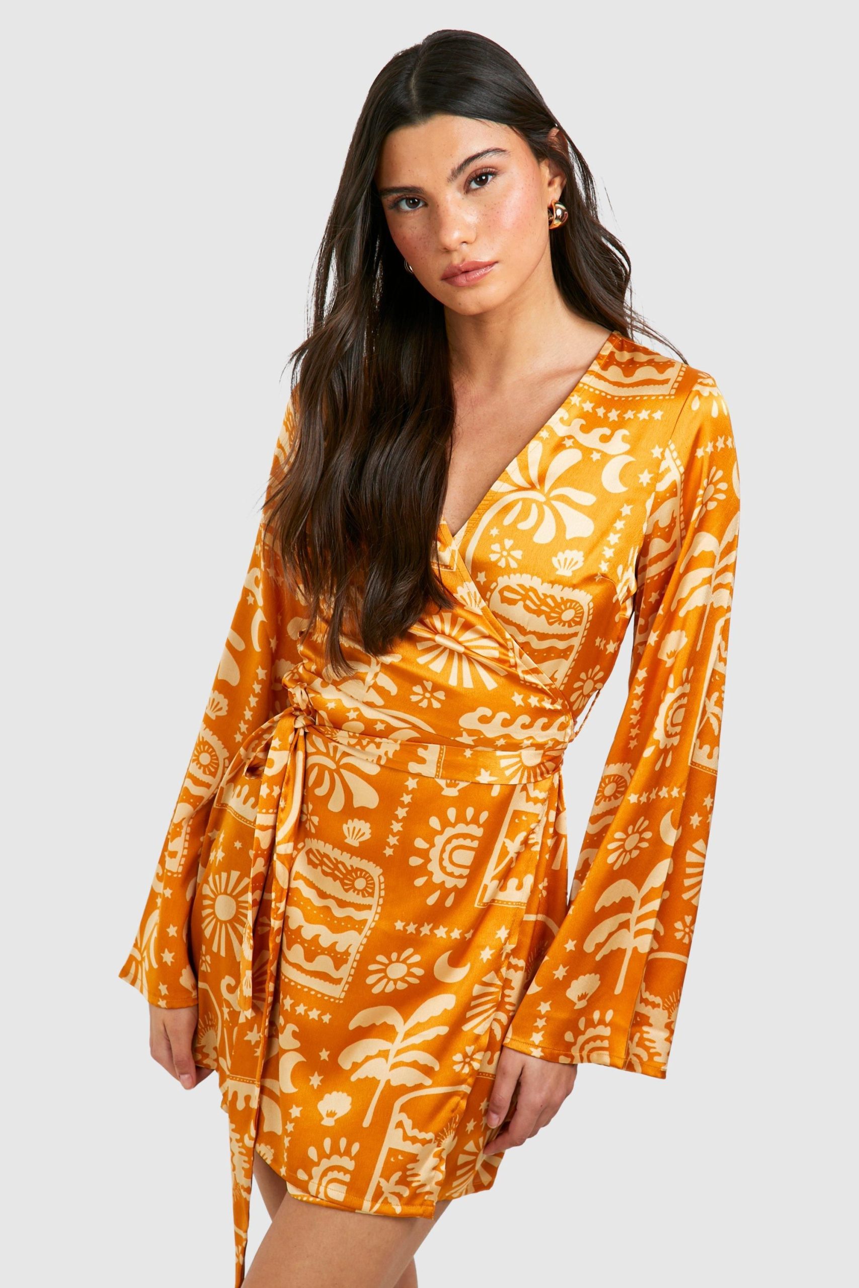 Satin Printed Wrap Tie Shirt Dress