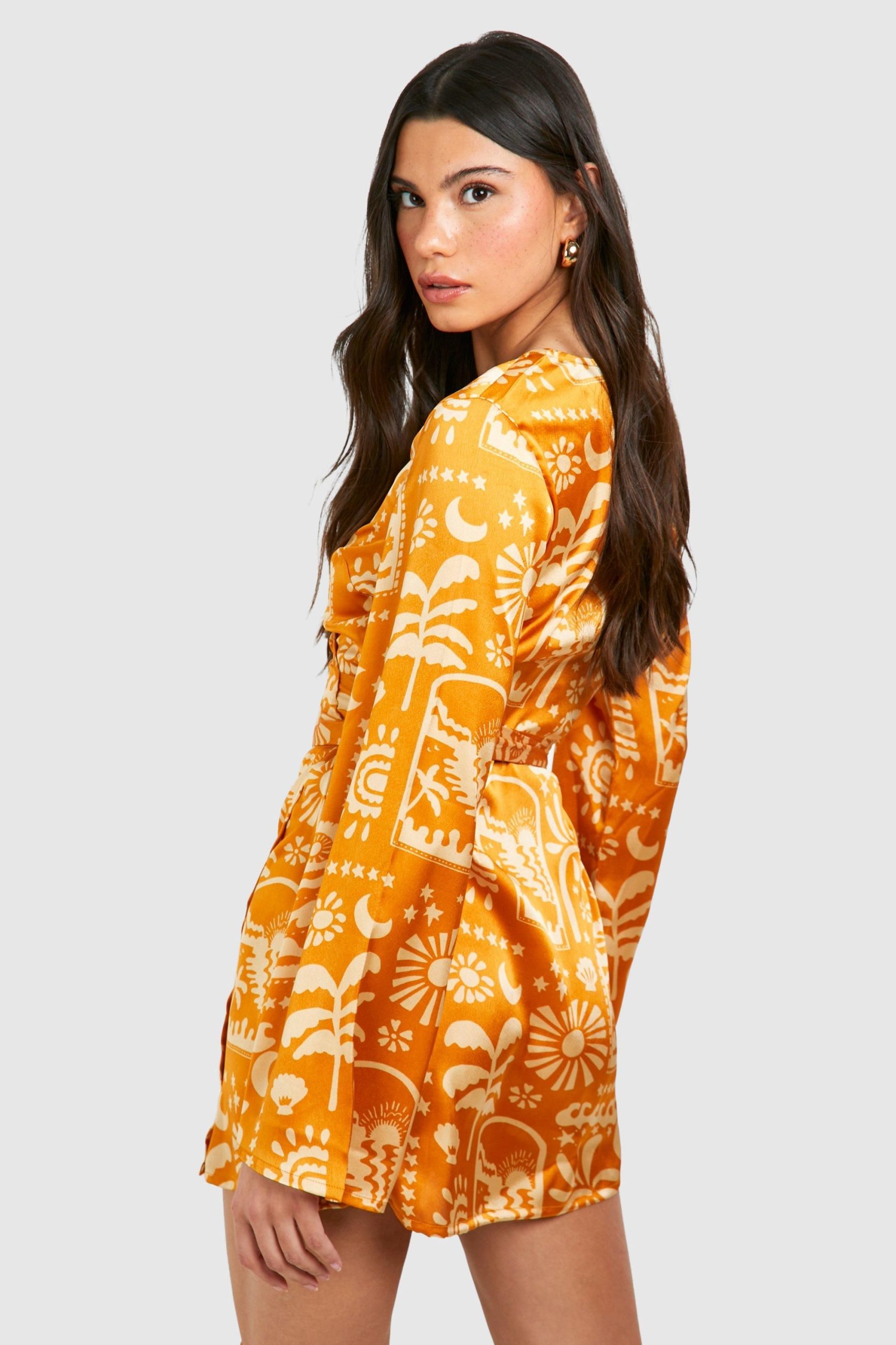 Satin Printed Wrap Tie Shirt Dress - Image 2