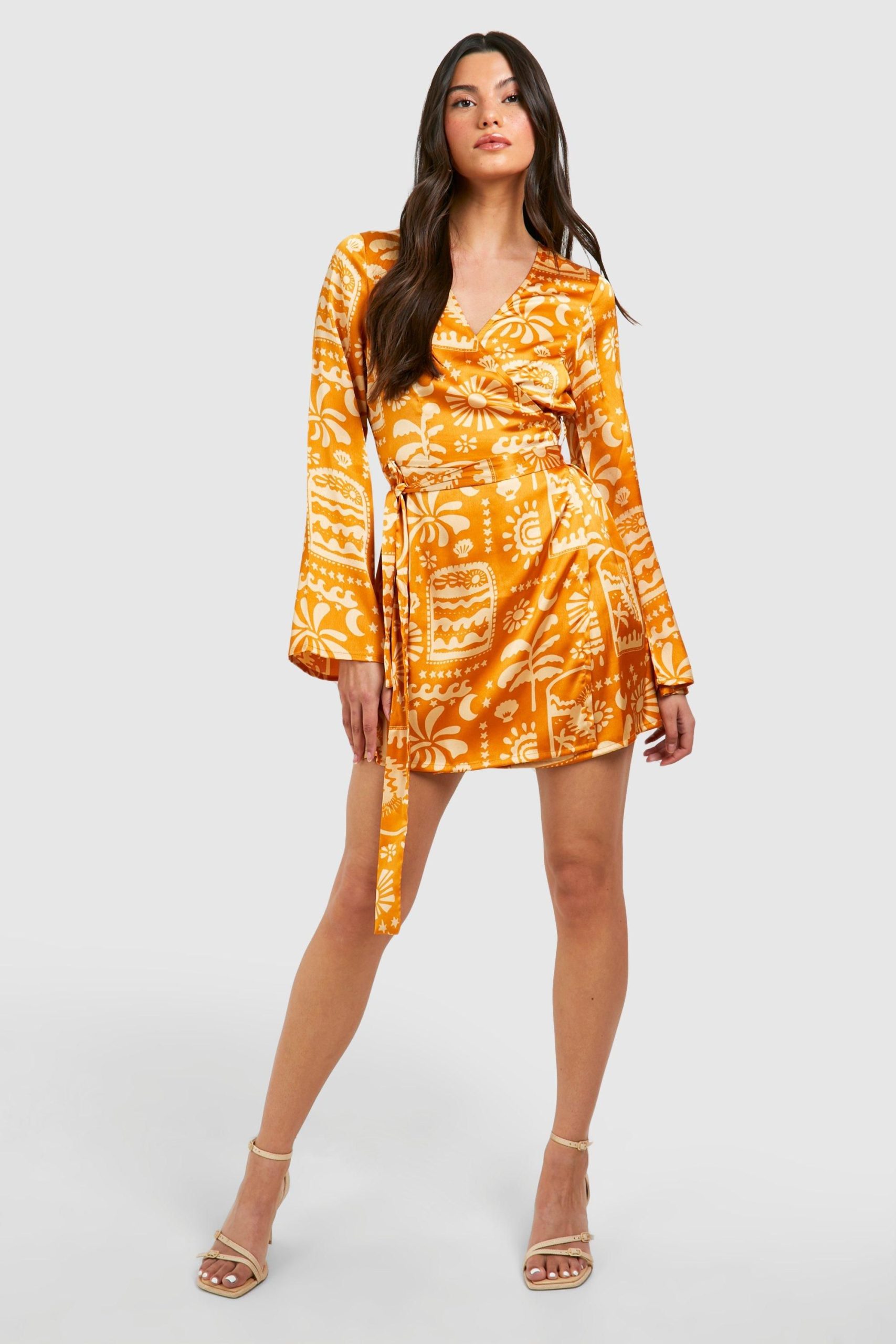 Satin Printed Wrap Tie Shirt Dress - Image 3