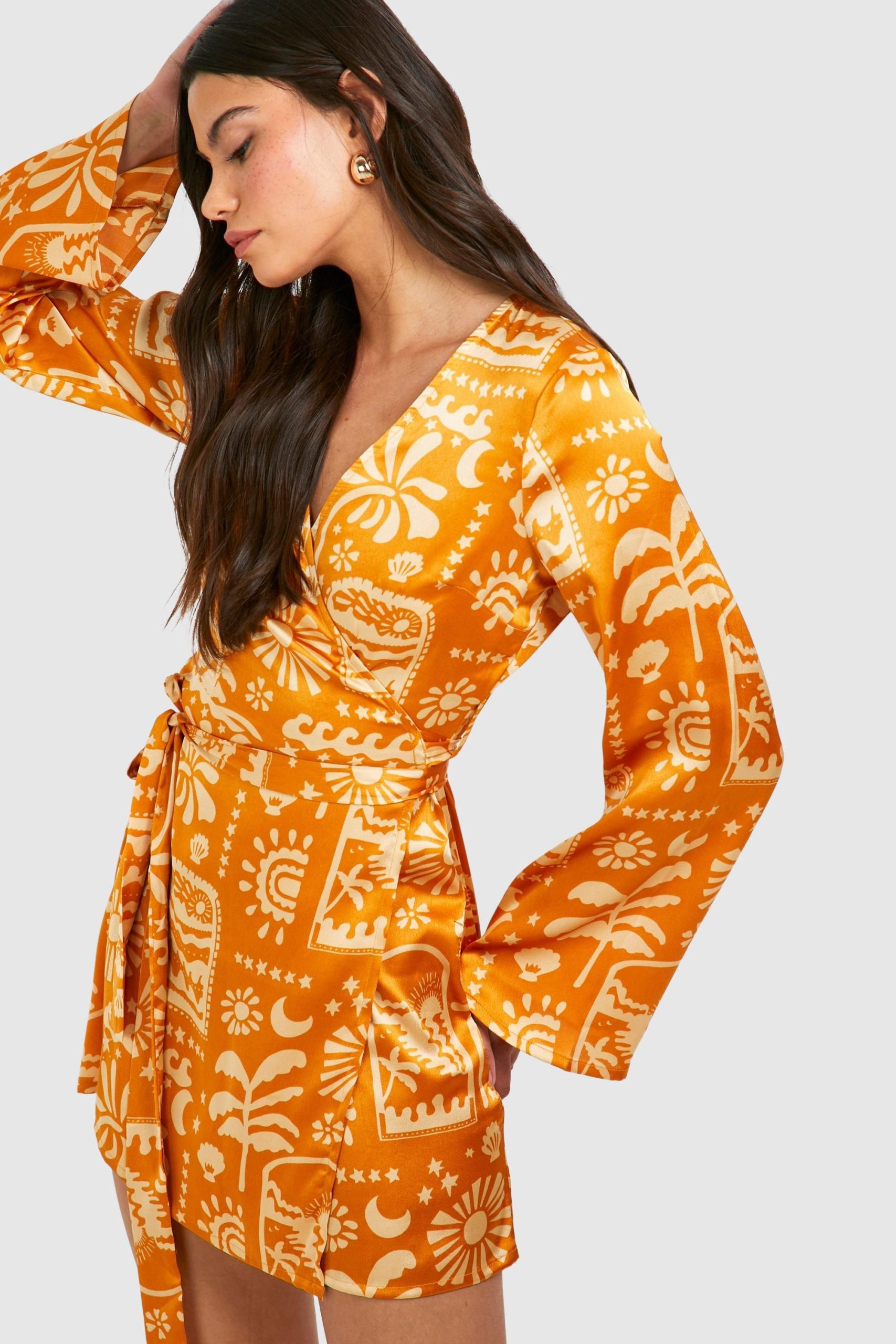 Satin Printed Wrap Tie Shirt Dress - Image 4