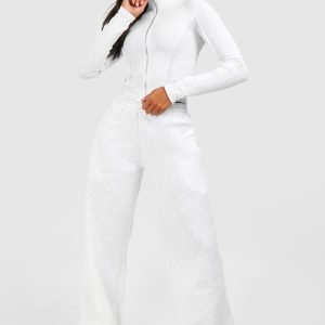 Rib Seam Detail Double Zip Top And Straight Leg Jogger Set