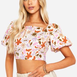 Puff Sleeve Printed Crop Top