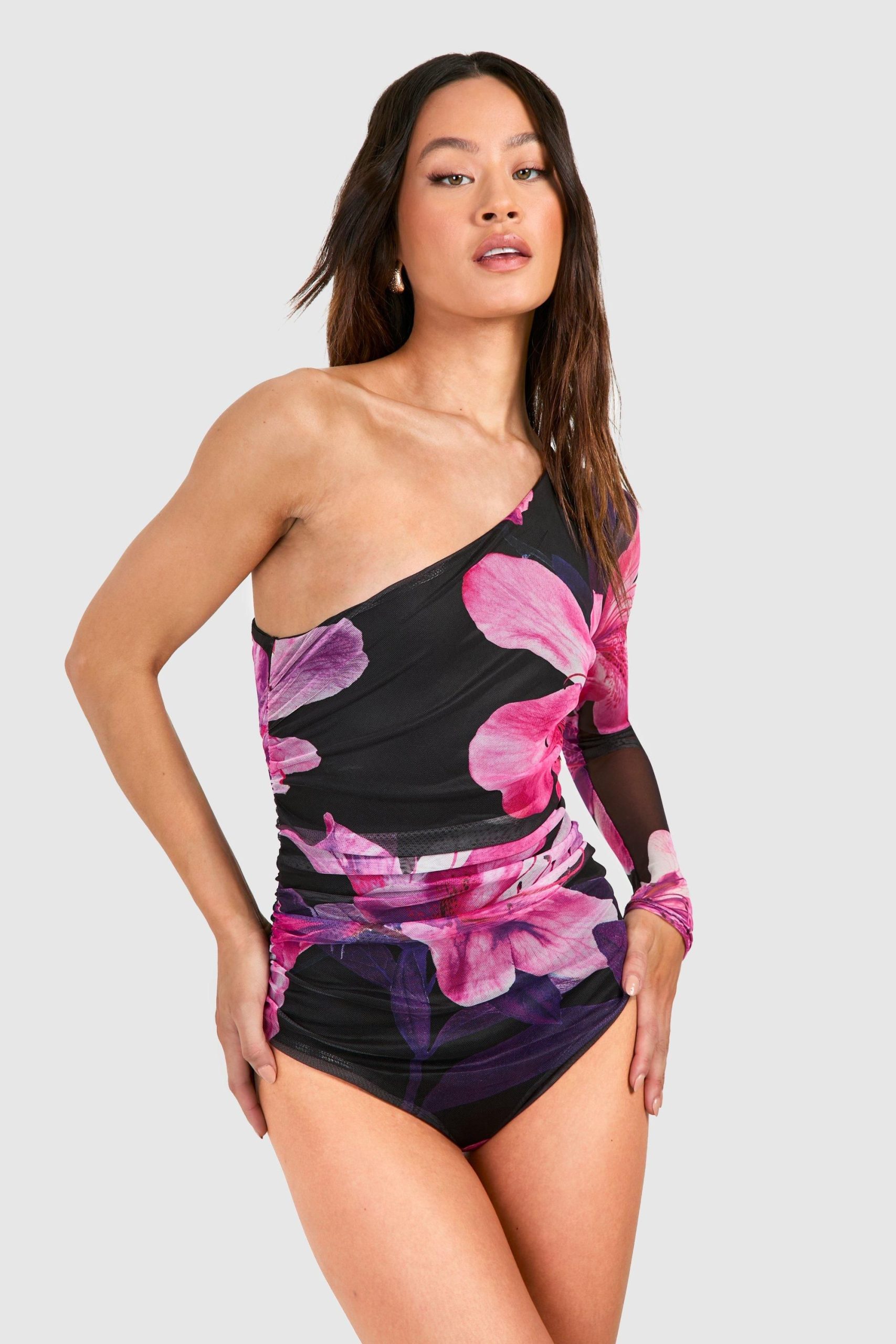 Tall Floral Print Mesh One Shoulder Bodysuit - Image 4