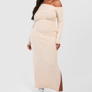 Plus Ruched Bardot Long Sleeve Maxi Dress