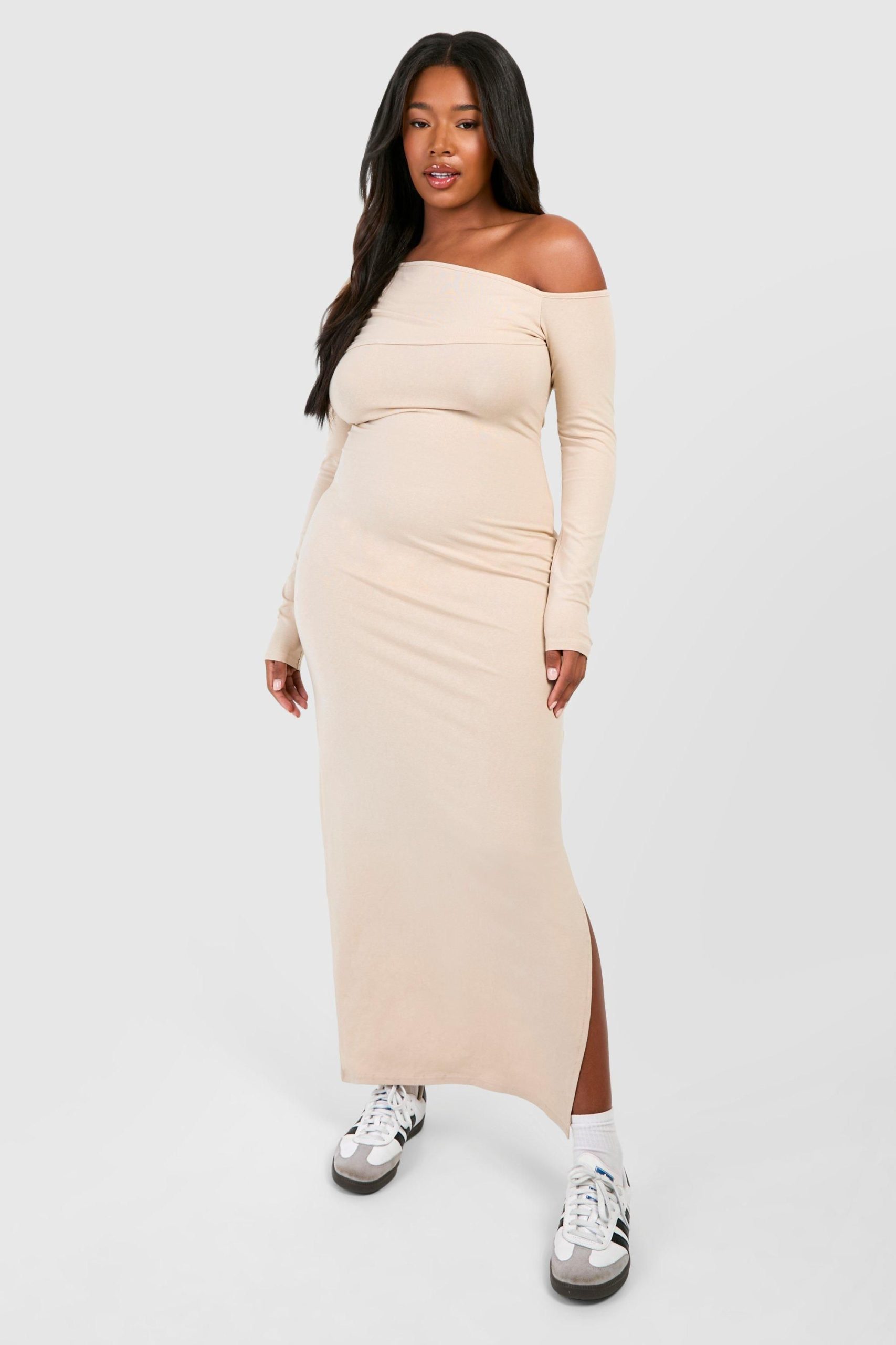 Plus Ruched Bardot Long Sleeve Maxi Dress