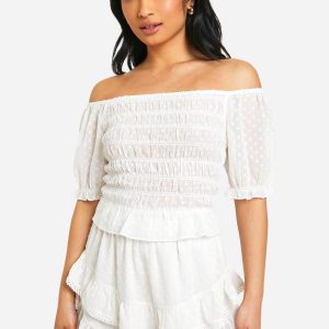 Petite Dobby Shirred Puff Sleeve Crop Top
