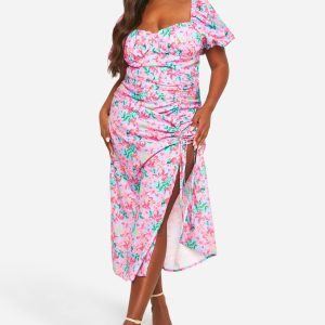 Plus Woven Ditsy Floral Ruched Midaxi Dress