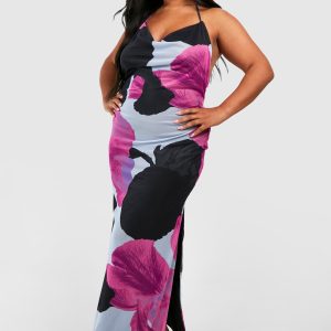Plus Halterneck Low Back Printed Maxi Dress