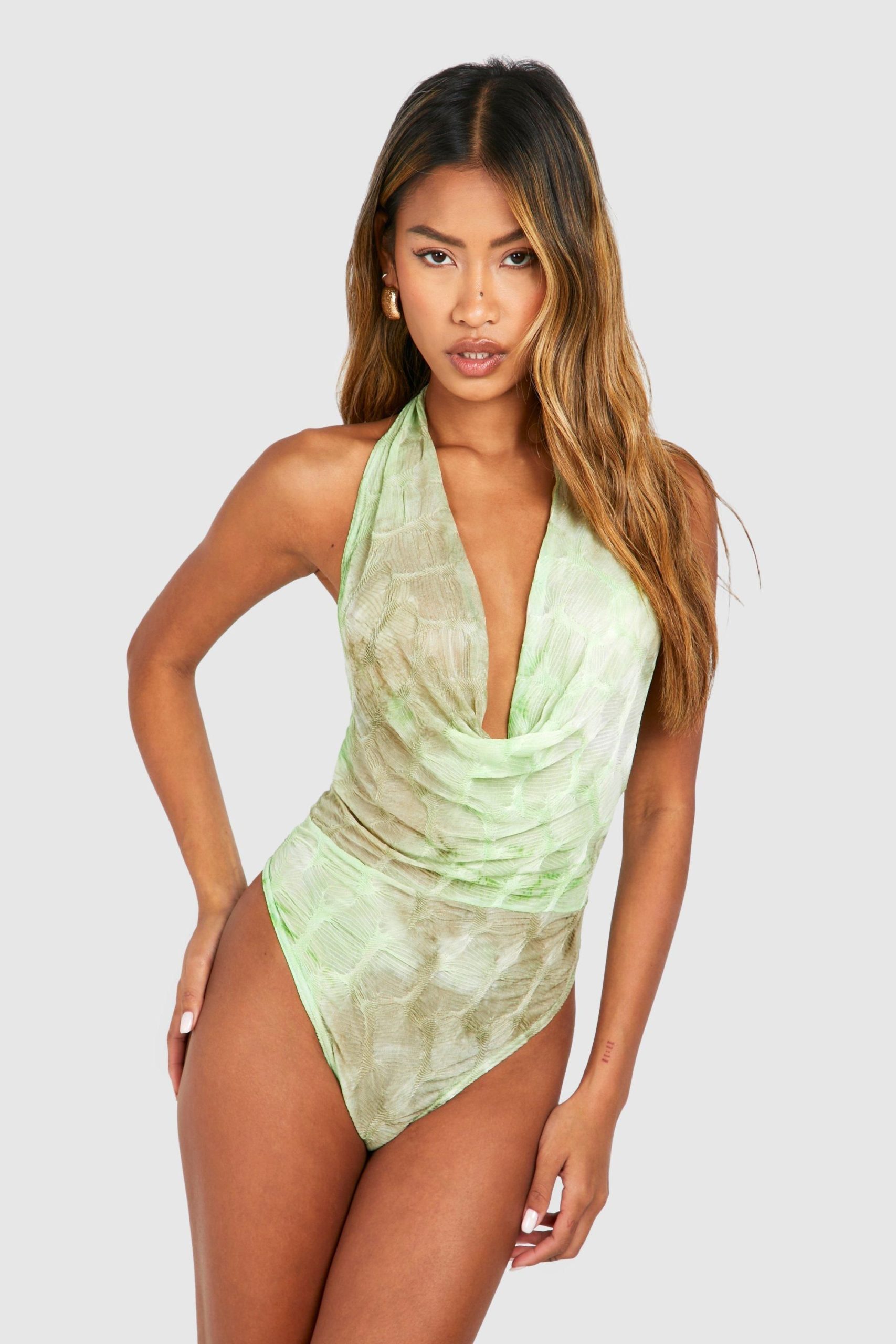 Textured Sheer Halterneck Bodysuit - Image 4