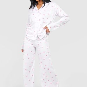 Petite Bow Print Long Sleeve Shirt & Trousers Pyjama Set