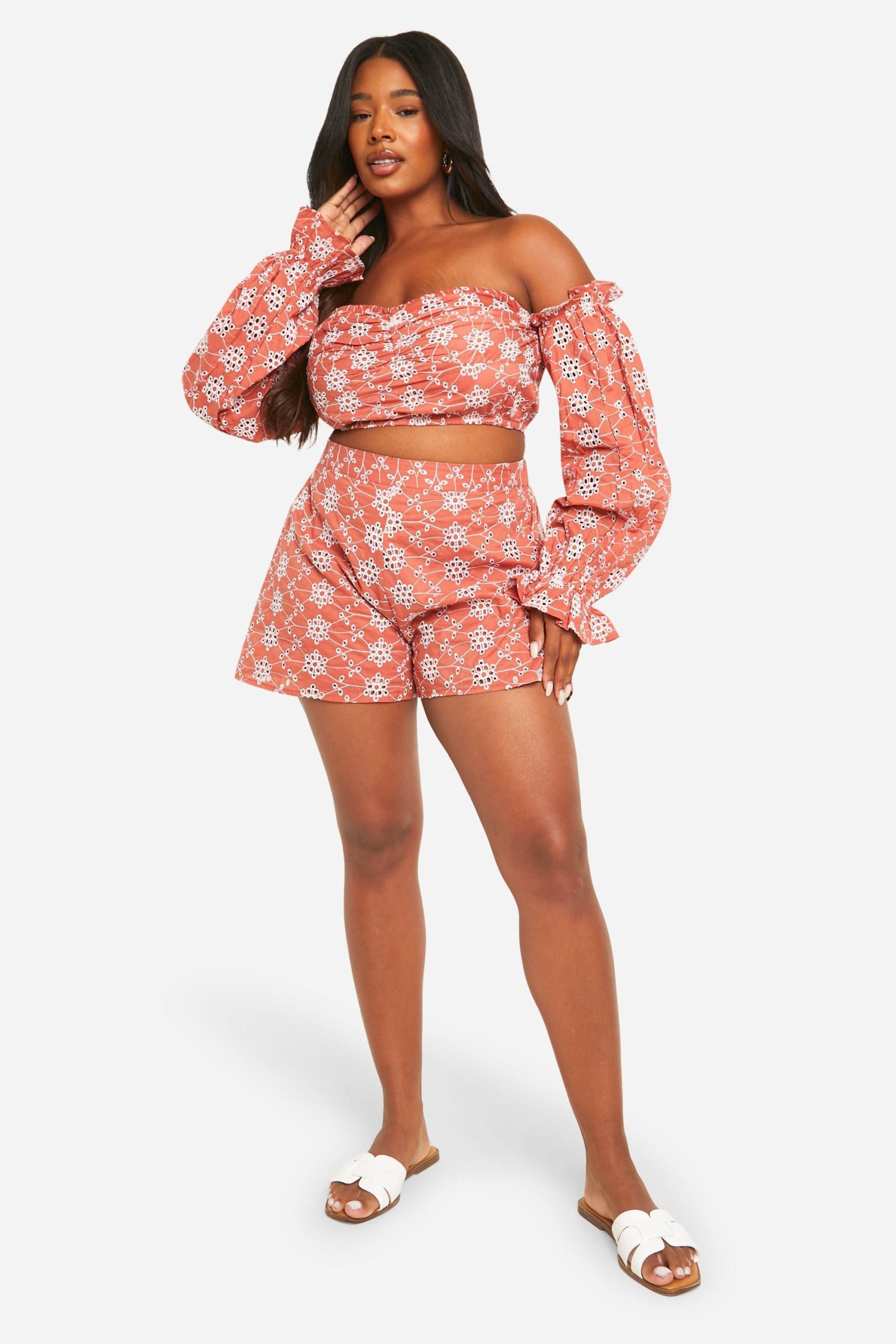 Plus Broderie Cold Shoulder Crop Top - Image 3