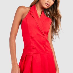 Halterneck Bengaline Pleated Mini Dress