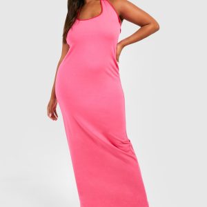 Plus Cotton Elastance Halterneck Contrast Maxi Dress