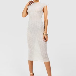 Funnel Neck Textured Cap Sleeve Midaxi Dress
