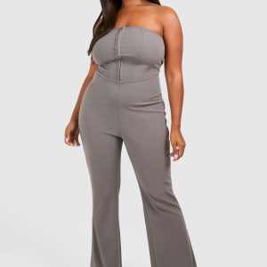 Plus Scuba Crepe Corset Hook & Eye Detail Bandeau Flare Jumpsuit