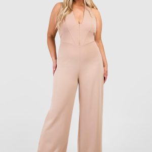 Plus Scuba Crepe Corset Hook & Eye Detail Halter Neck Wide Leg Jumpsuit