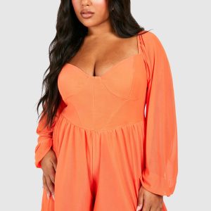 Plus Mesh Balloon Sleeve Corset Detail Floaty Playsuit