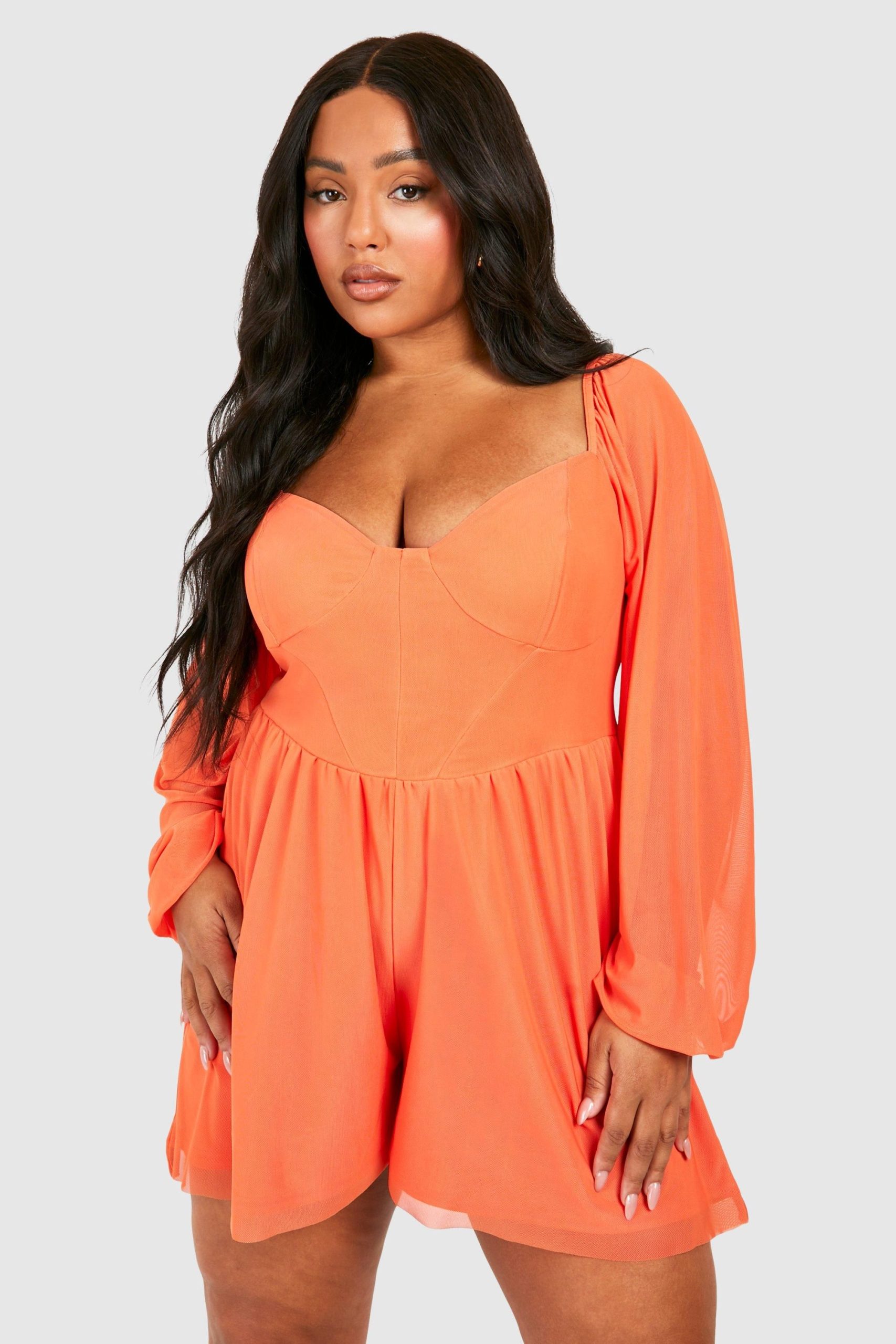 Plus Mesh Balloon Sleeve Corset Detail Floaty Playsuit
