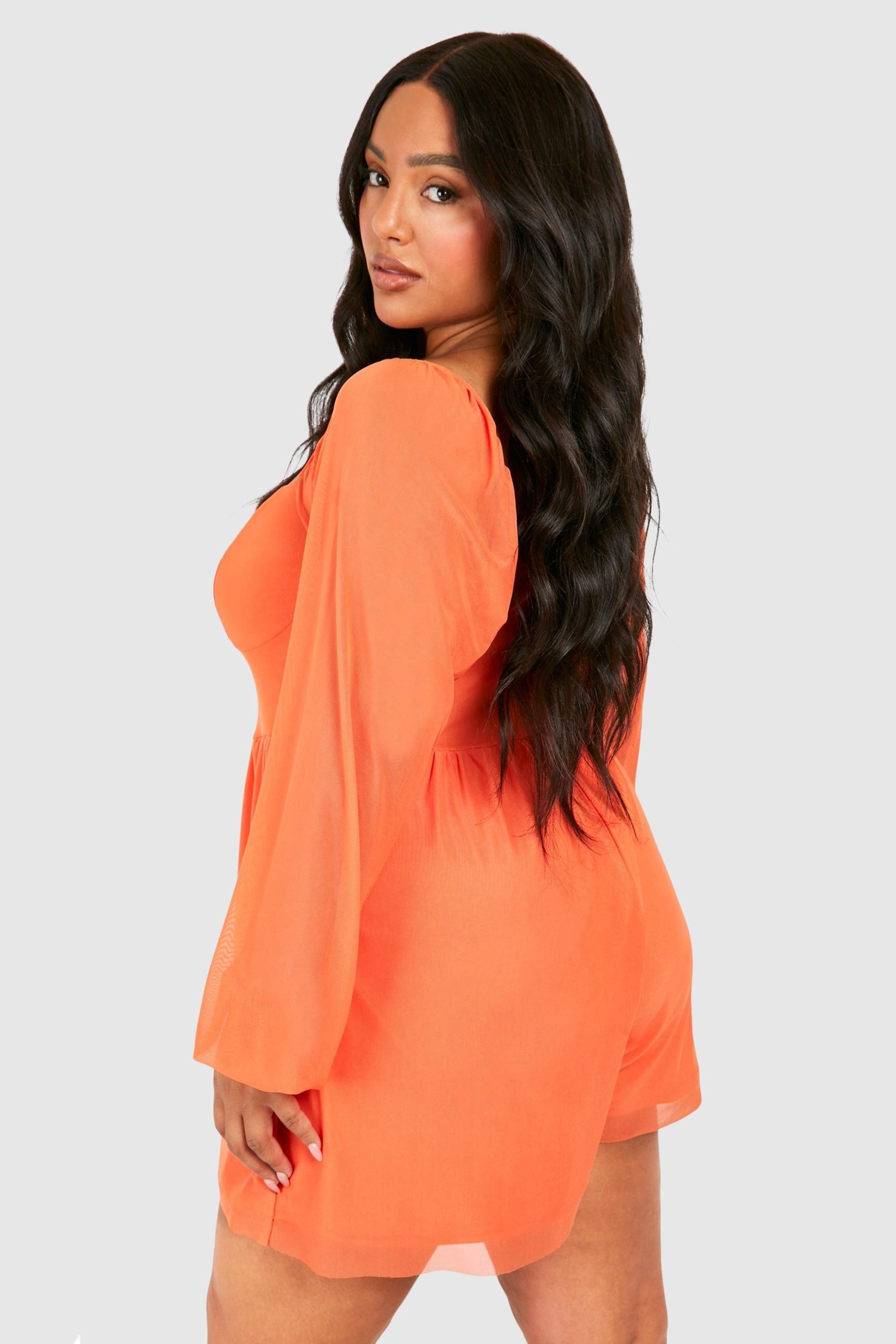 Plus Mesh Balloon Sleeve Corset Detail Floaty Playsuit - Image 2