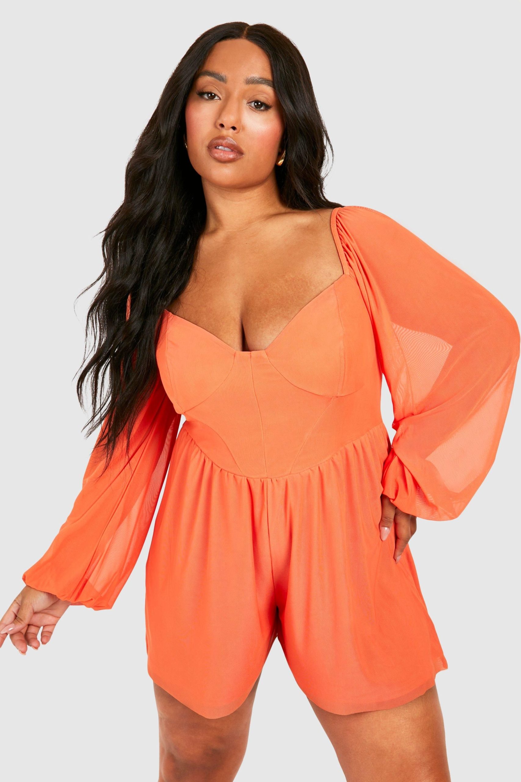 Plus Mesh Balloon Sleeve Corset Detail Floaty Playsuit - Image 3