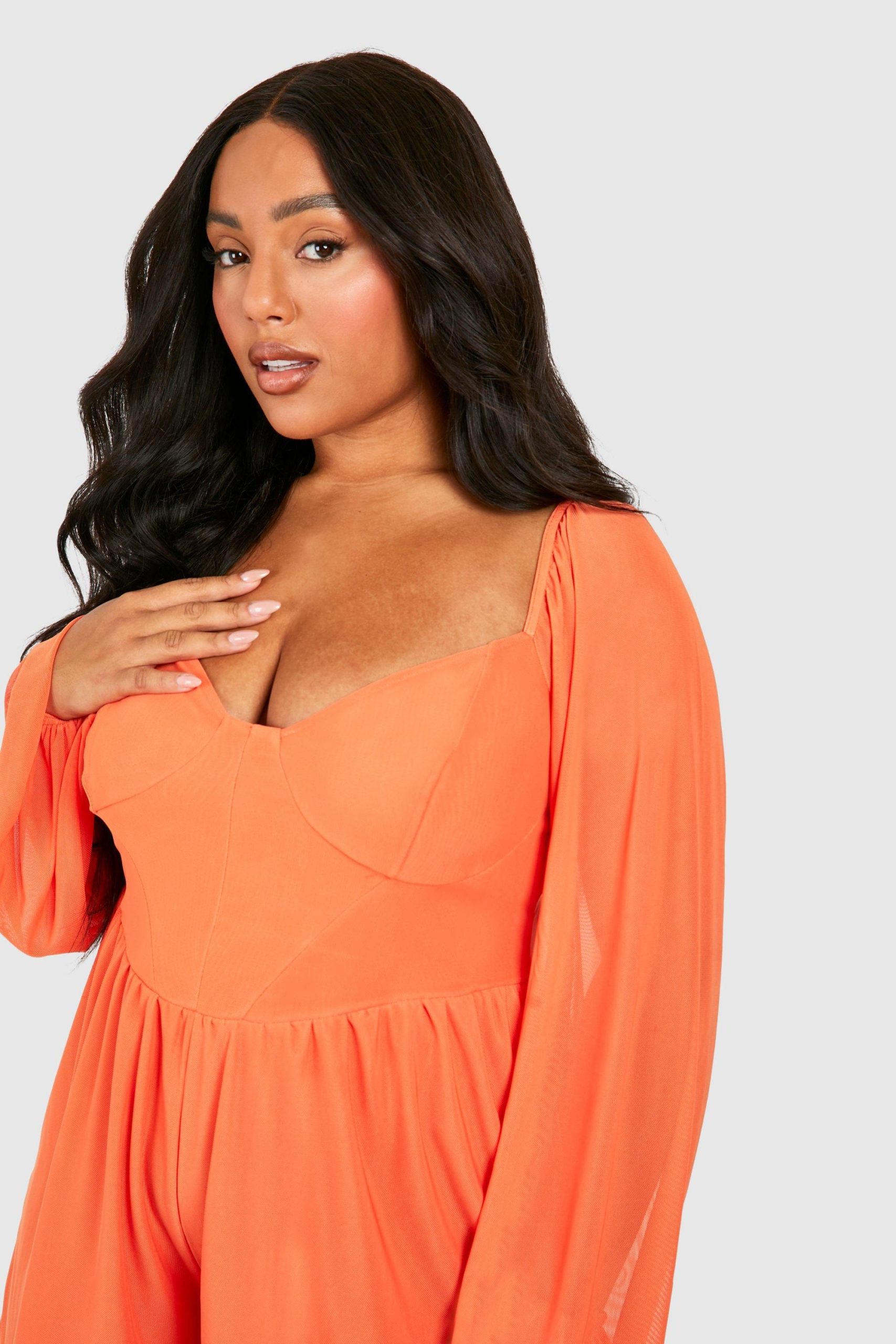 Plus Mesh Balloon Sleeve Corset Detail Floaty Playsuit - Image 4