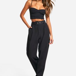Self Fabric Belted Ankle Grazer Tapered Trouser