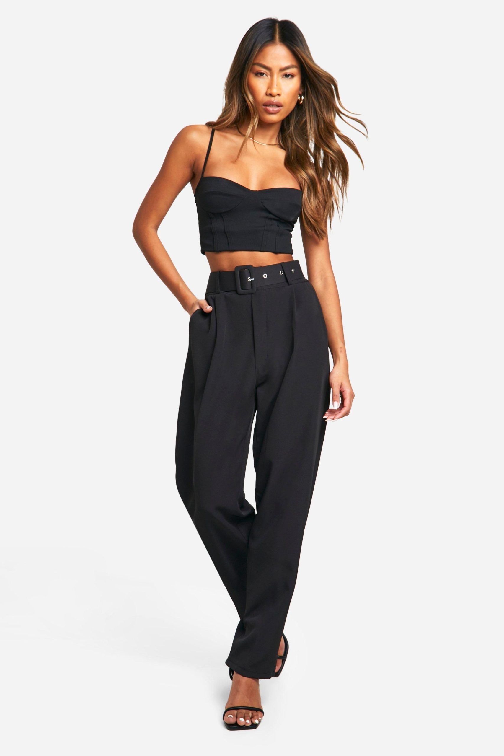 Self Fabric Belted Ankle Grazer Tapered Trouser