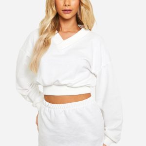 V Neck Crop Sweatshirt And Skirt Set
