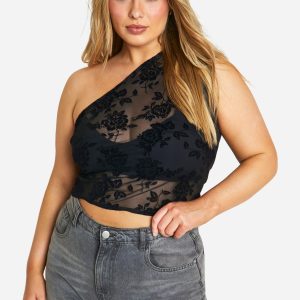 Plus Flocked Floral One Shoulder Top