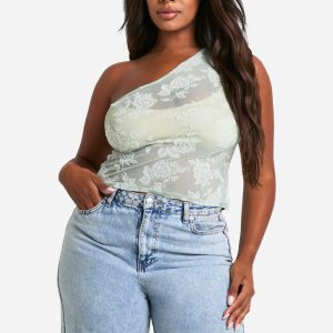 Plus Flocked Floral One Shoulder Top