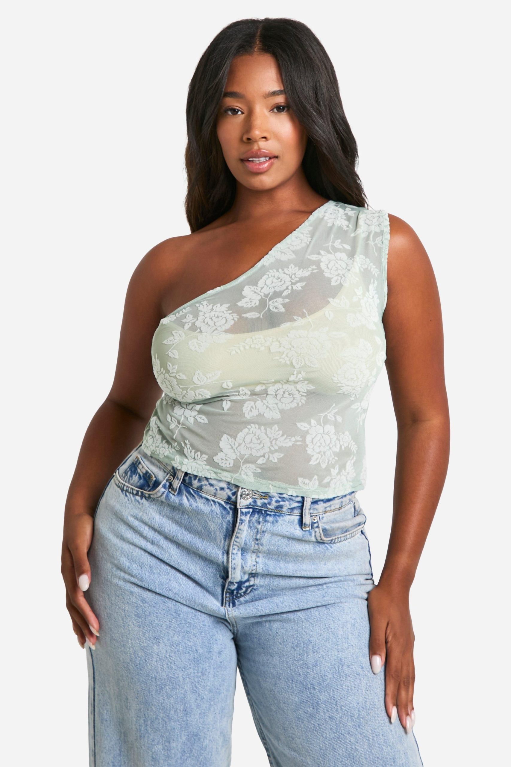 Plus Flocked Floral One Shoulder Top - Image 3
