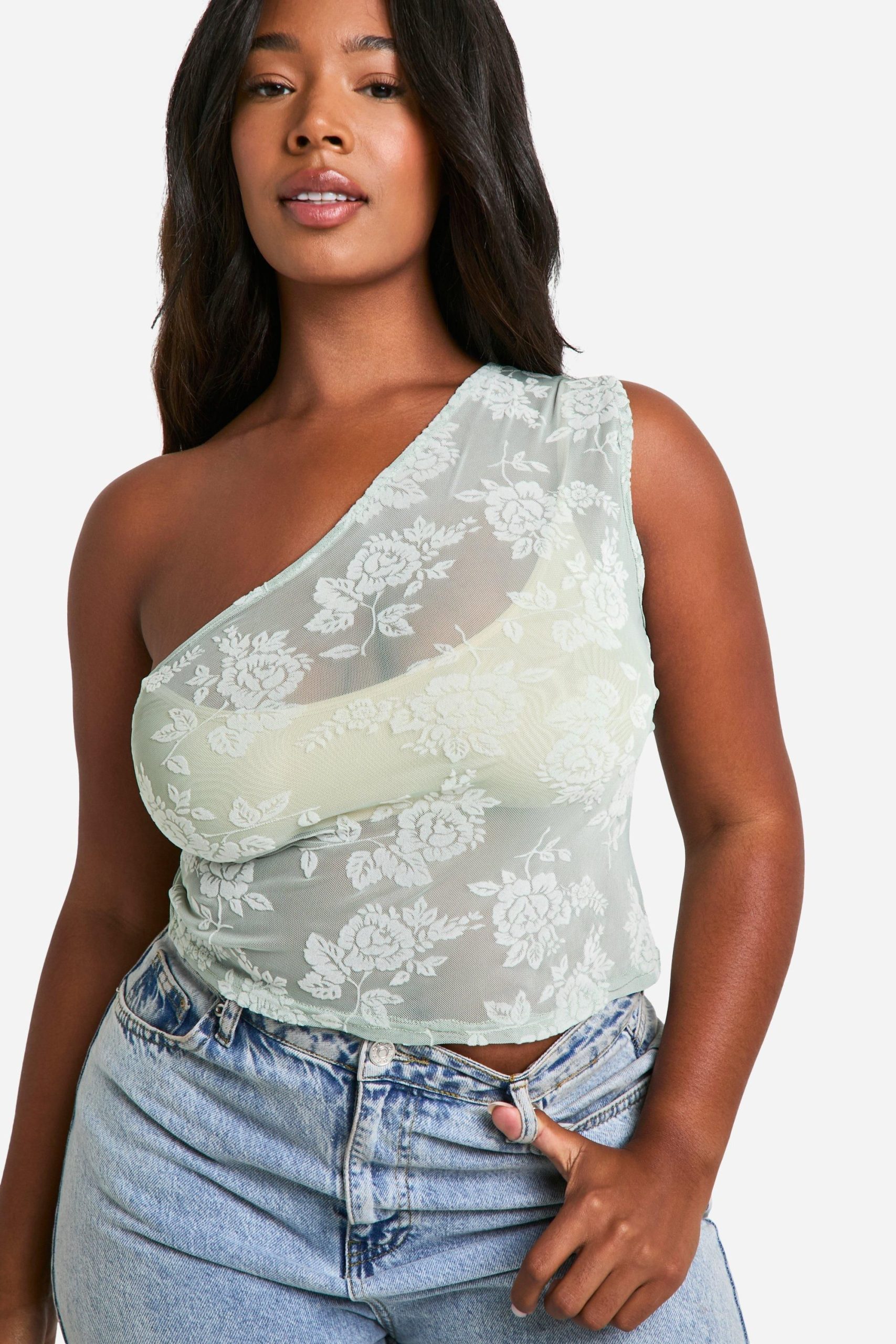 Plus Flocked Floral One Shoulder Top - Image 4