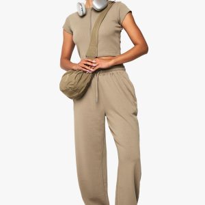 Short Sleeve Rib Zip Top And Straight Leg Jogger Set