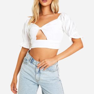 Linen Look Puff Sleeve Crop Top