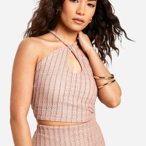 Petite Textured Halter Keyhole Crop Top