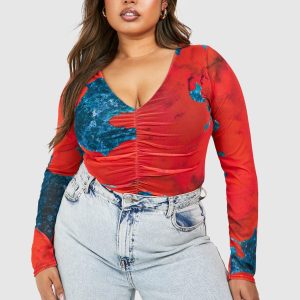 Plus Abstract Mesh Long Sleeve Bodysuit