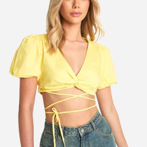 Puff Sleeve Knot Front Crop Top