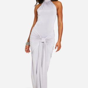 Halterneck Tie Front Slinky Maxi Dress