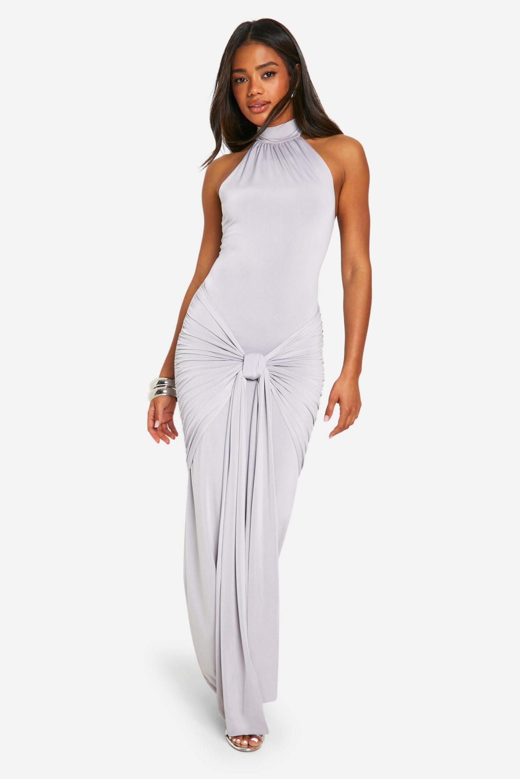 Halterneck Tie Front Slinky Maxi Dress
