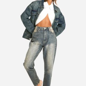 Basics 32 Inch Leg Sand Blast High Waisted Mom Jeans