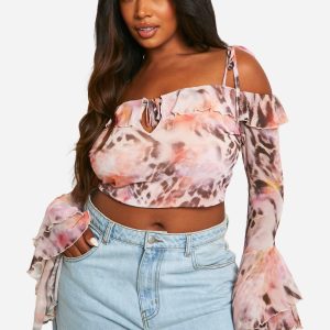 Plus Leopard Mesh Ruffle Top