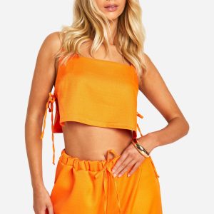 Textured Linen Look Tie Side Boxy Crop