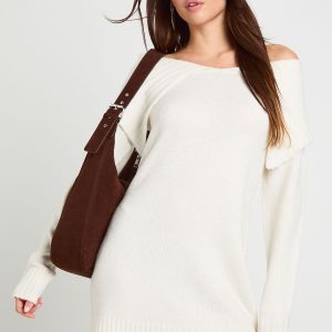 Soft Knit Oversized Collar Off The Shoulder Jumper Dress