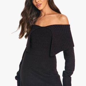 Soft Knit Oversized Collar Off The Shoulder Jumper Dress