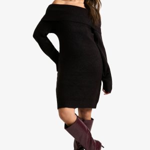 Rib Bardot Neckline Mini Jumper Dress
